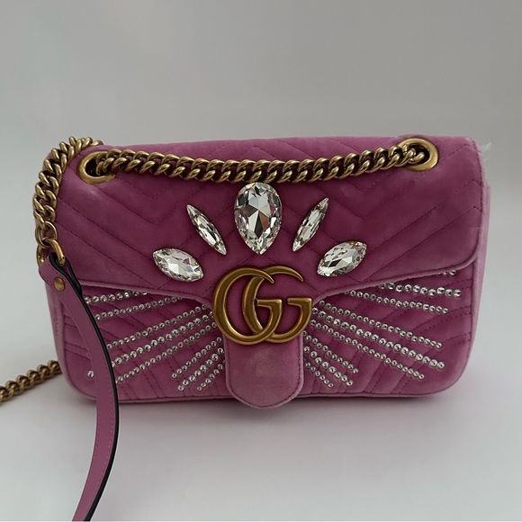 AUTH Gucci Pink Velvet Crystal GG Marmont Cossbody Shoulder Bag - Picture 2 of 7
